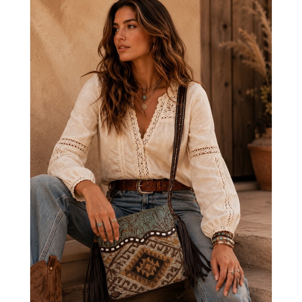 Myra Bag Purse Aztec Floral Leather Tasselโ Bohemian